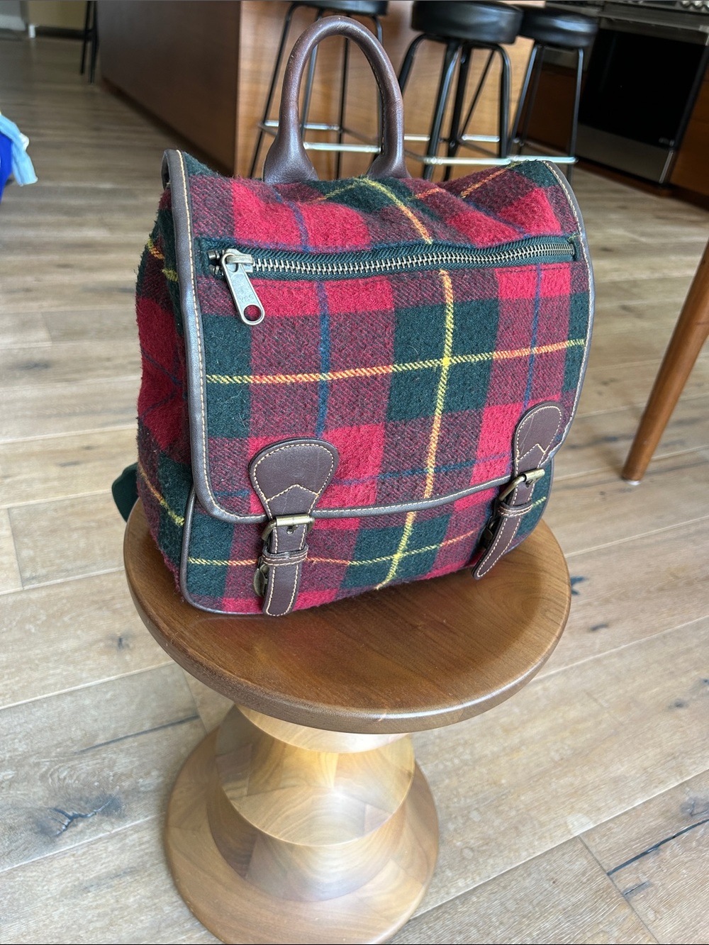 GAP Red and Green Plaid Backpack with Brown Trim